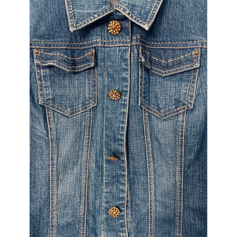 Nancy Bolen Denim Jacket Amber Bling Buttons Stretchy Cotton Blue Boho Western S - Picture 5 of 13